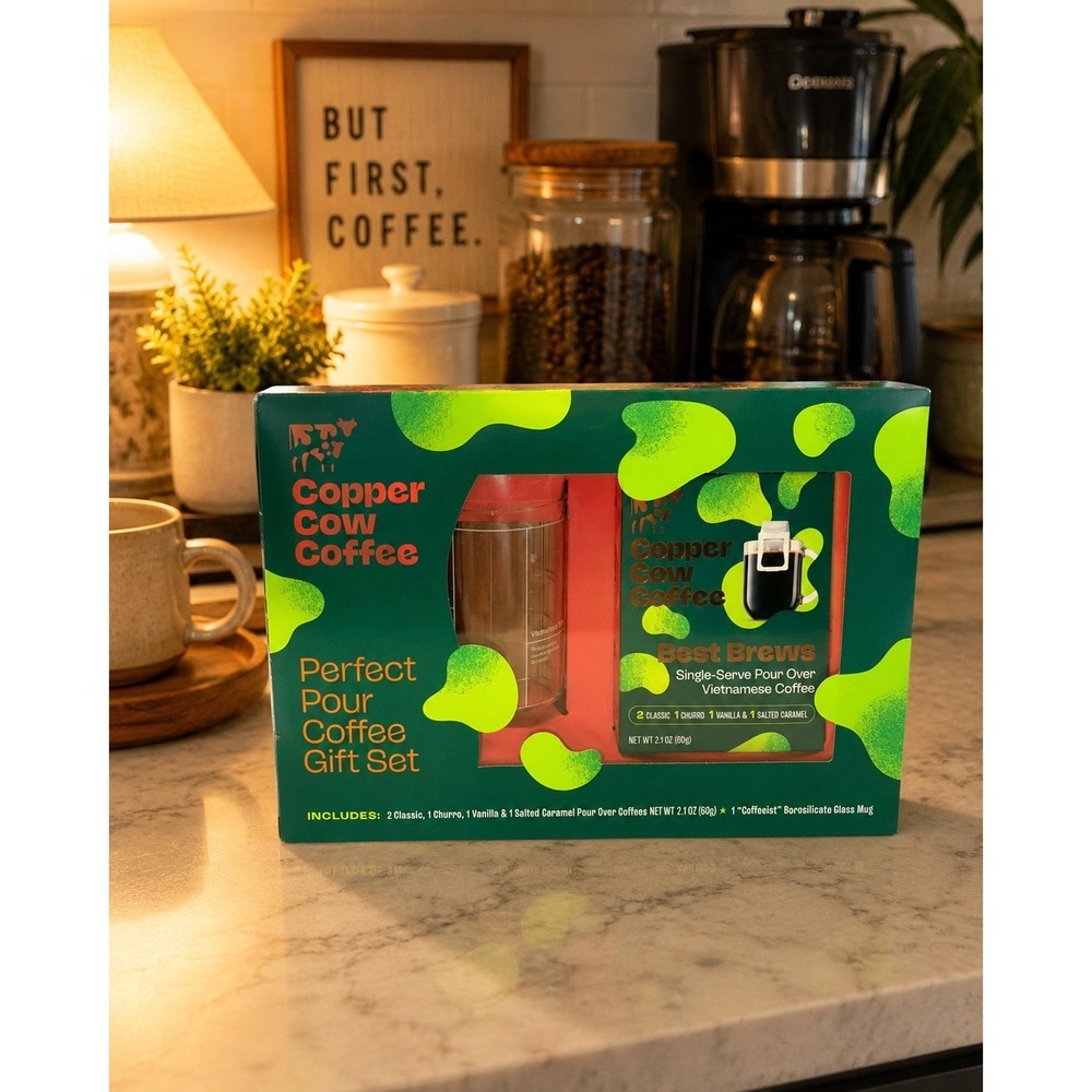 Copper Cow Coffee Gift Set Vietnamese Pour Over Glass Mug Variety Pack 6pc NWT